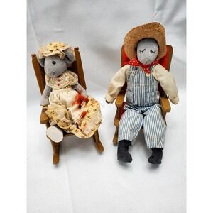 Vintage Country Farmer Mice In Wooden Rocking Chairs With Soft Bodies